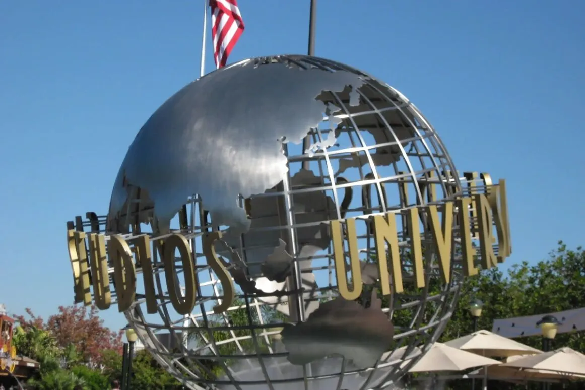 A large metal globe with the words 'Universal Studios' on it.