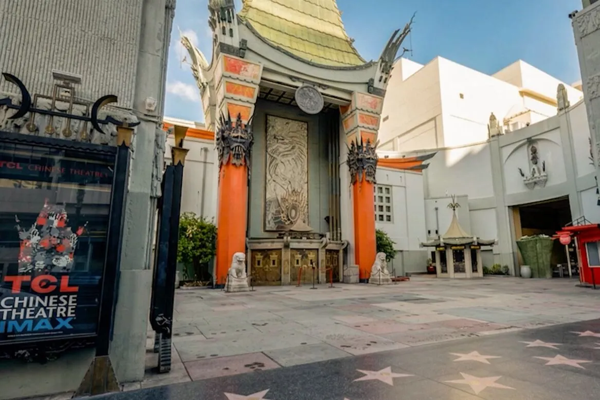 a wide shot of the exterior of a Chinese theatre