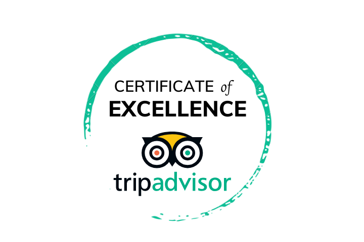 A Certificate of Excellence logo from Tripadvisor, featuring a circular design with an owl graphic and bold text.