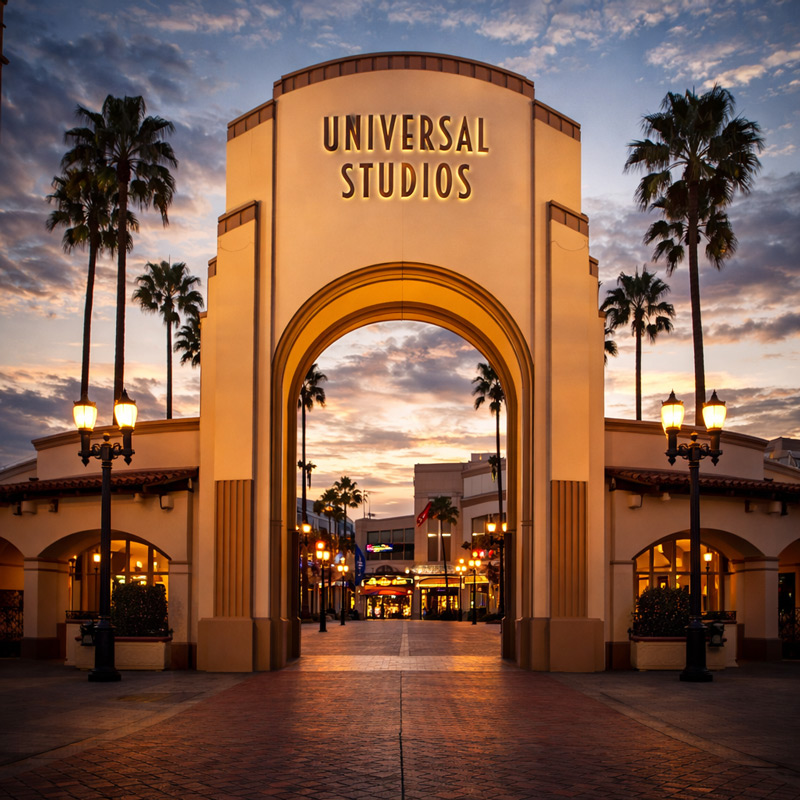 The iconic archway of Universal Studios stands majestically, framed by palm trees, as twilight casts a warm glow over the entrance.