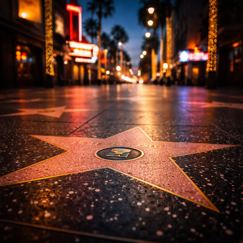 A close-up view of a Hollywood Walk of Fame star at dusk, with decorative lights and palm trees in the background.