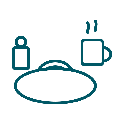 A simple illustration featuring a plate, a steaming mug, and a vertical rectangular object, conveying a dining or café theme.