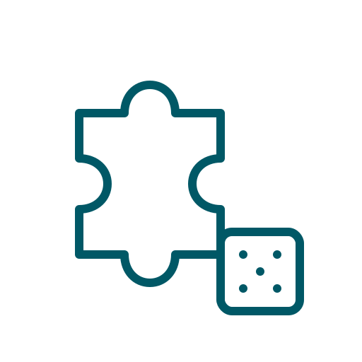 A simple blue outline of a puzzle piece next to a square die, symbolizing problem-solving or game elements.
