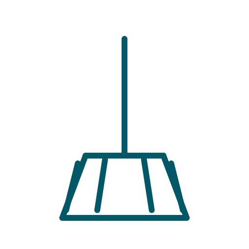 A simple graphic of a broom, featuring a long handle and a wide sweeping head.