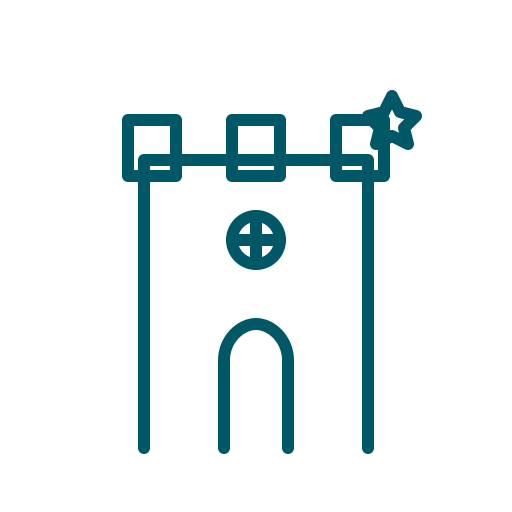 A stylized illustration of a castle tower with crenellations and a star accent.