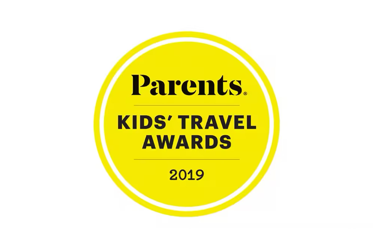 Yellow circular logo featuring 'Parents' and 'Kids' Travel Awards 2019' text in black.