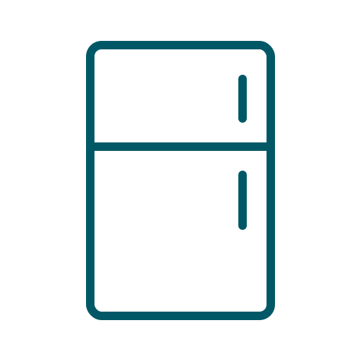 A minimalist icon of a refrigerator, featuring a top freezer and a bottom refrigerator compartment in a simple design.